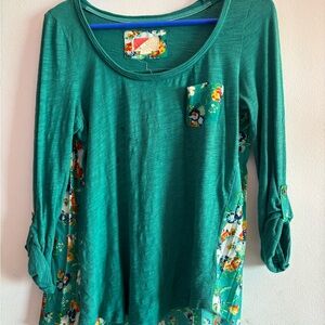 Anthropologie Teal Floral Long Sleeve Top